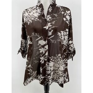 Vintage Teddi of‎ California Floral Top Women Large Brown Sheer Grandma Blouse